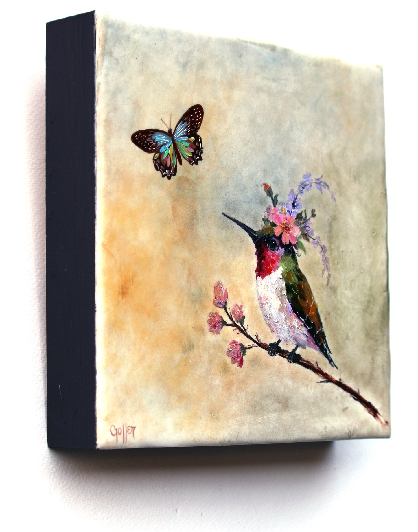 CARRIE GOLLER - Agatha, Floriferous collection (hummingbird), 8x8 Mixed Media - Oil/Encaustic