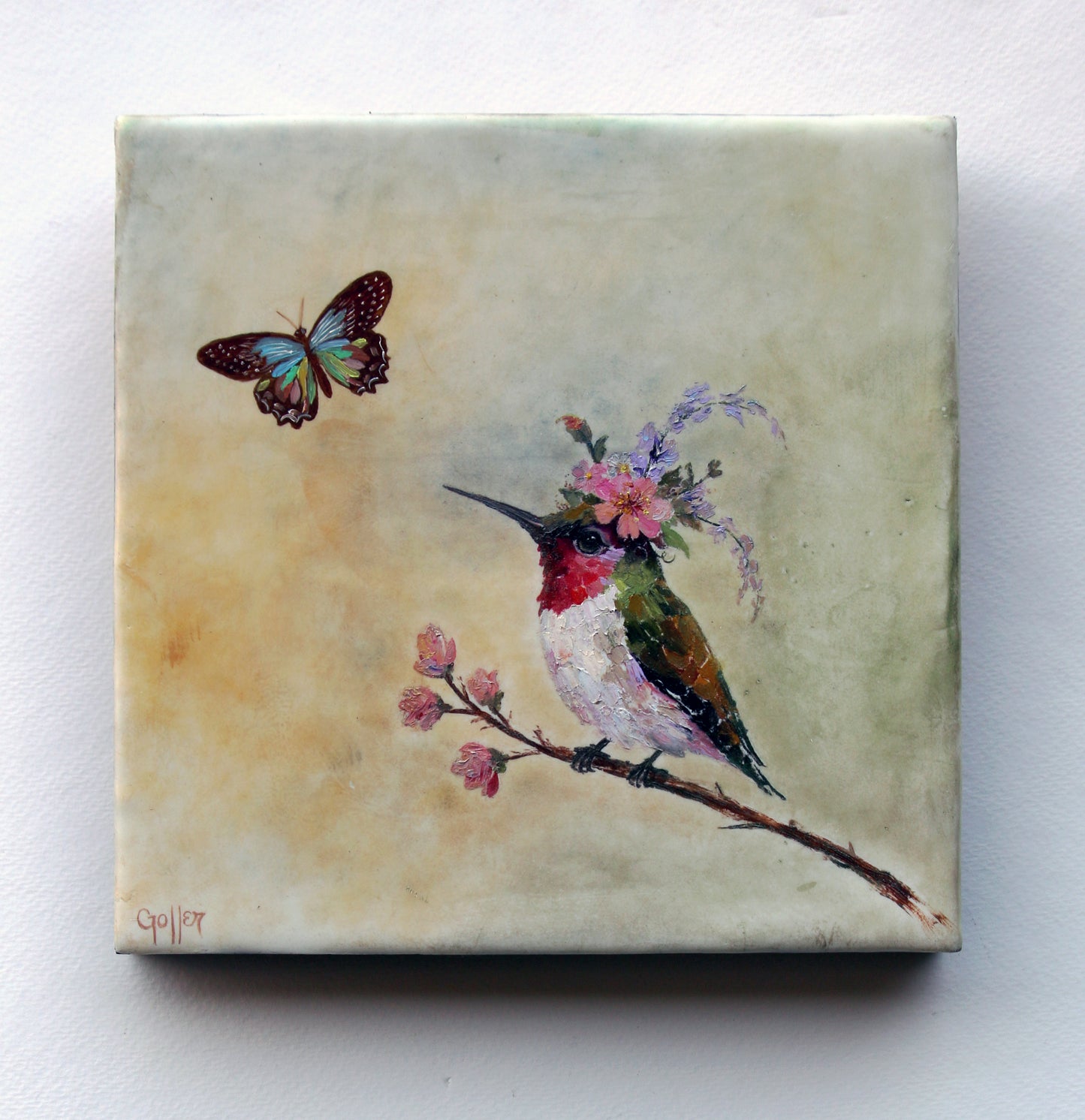 CARRIE GOLLER - Agatha, Floriferous collection (hummingbird), 8x8 Mixed Media - Oil/Encaustic