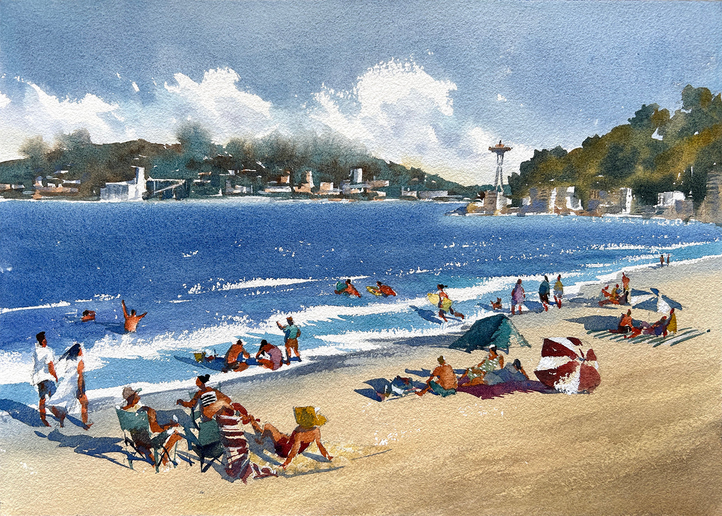 Ina Xi - Beach Day in Alki, Original Watercolor, 17"x13" framed