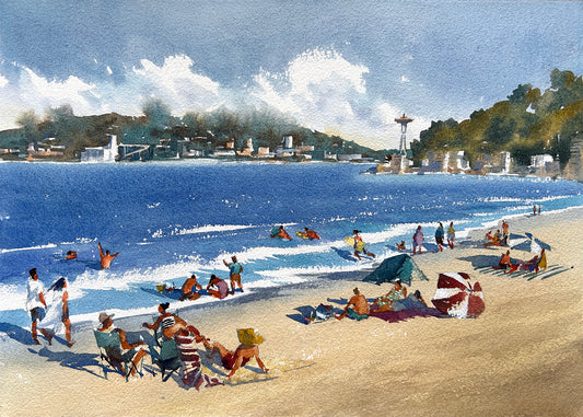 Ina Xi - Beach Day in Alki, Original Watercolor, 17"x13" framed