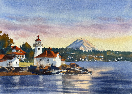 Ina Xi - Alki Sunset, Original Watercolor, 15"x12" framed