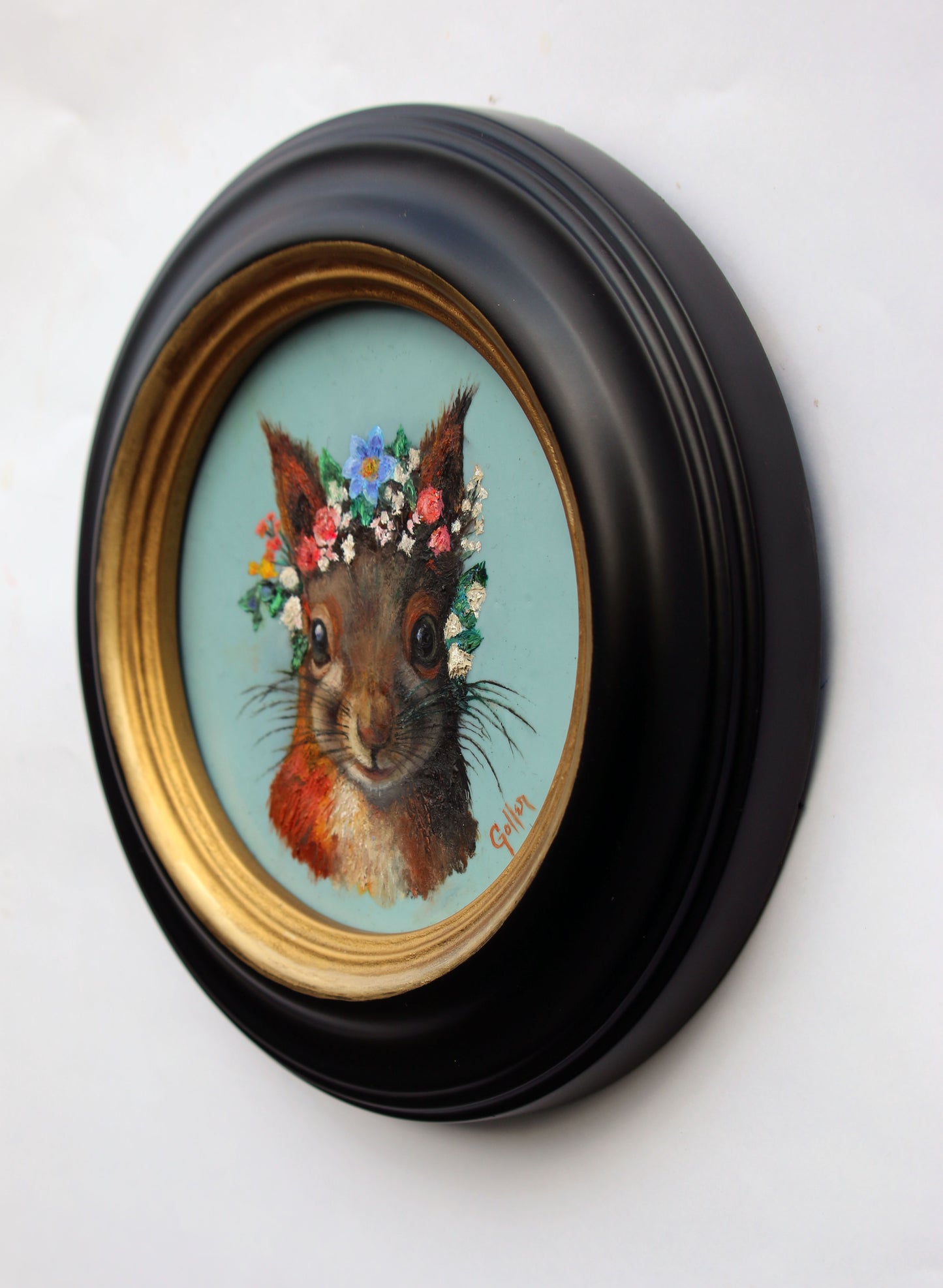 Prints available, original ***SOLD***CARRIE GOLLER -  Arnauld, Floriferous Collection (Squirrel), Mixed media - oil/encaustic 5x5 ***At Jones & Terwilliger Galleries, Carmel, CA please inquire at (831) 626-9100***