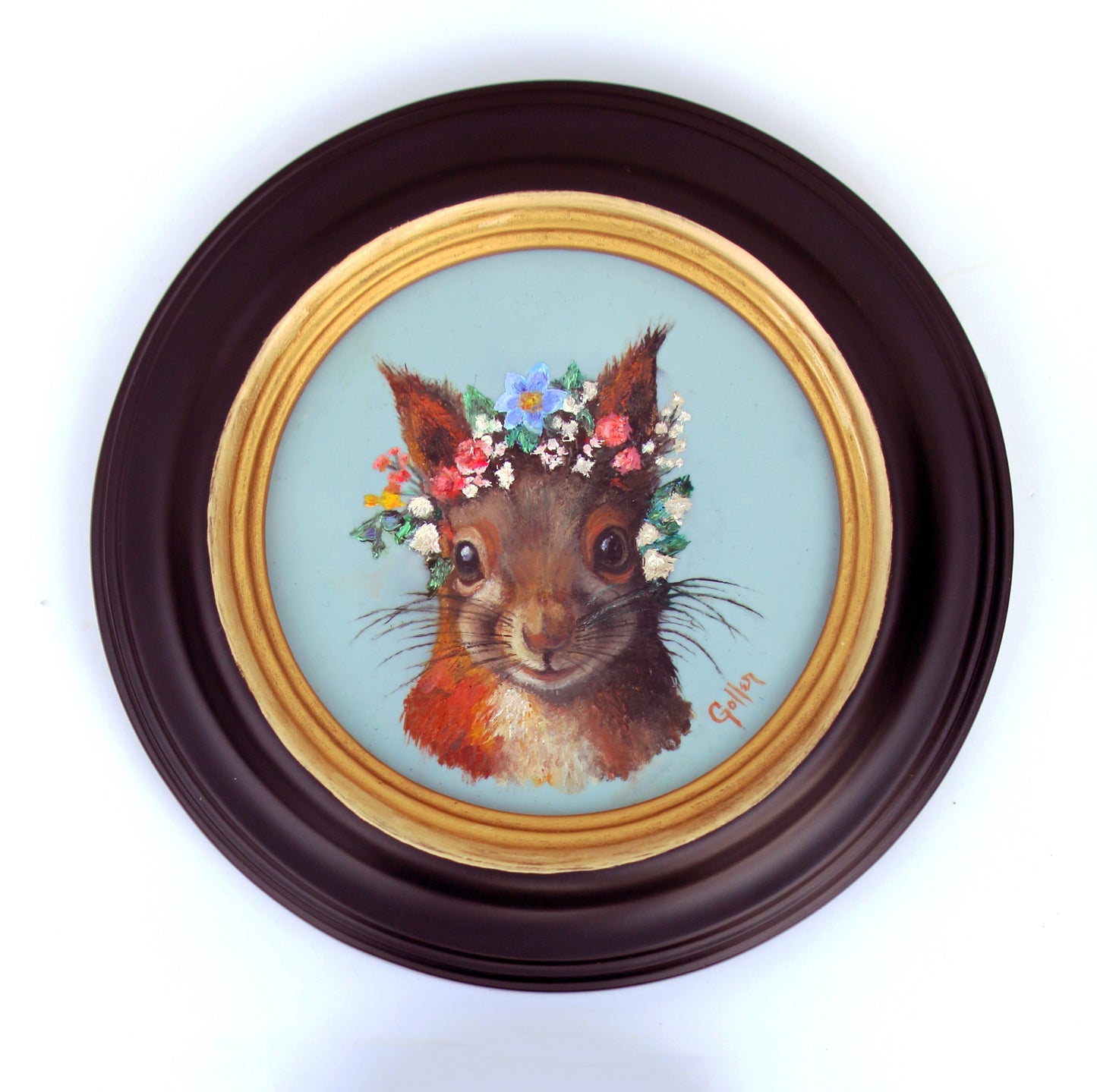 Prints available, original ***SOLD***CARRIE GOLLER -  Arnauld, Floriferous Collection (Squirrel), Mixed media - oil/encaustic 5x5 ***At Jones & Terwilliger Galleries, Carmel, CA please inquire at (831) 626-9100***