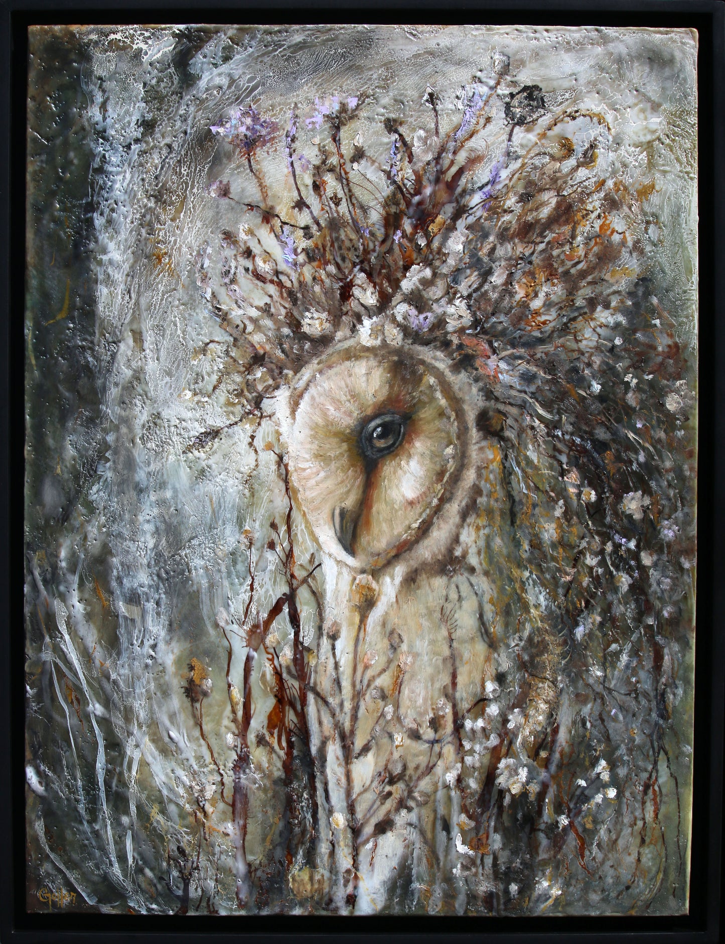 CARRIE GOLLER - Artemis (Floriferous Barn Ow)l, 24 x 18 Mixed Media-Oil/Encaustic