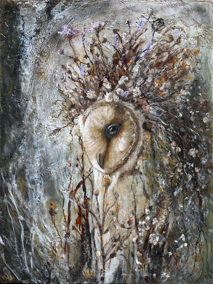 CARRIE GOLLER - Artemis (Floriferous Barn Ow)l, 24 x 18 Mixed Media-Oil/Encaustic