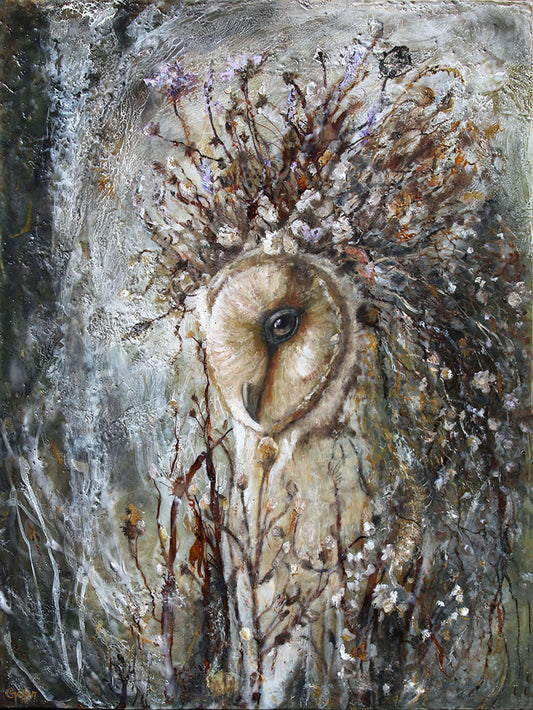 CARRIE GOLLER - Artemis (Floriferous Barn Ow)l, 24 x 18 Mixed Media-Oil/Encaustic
