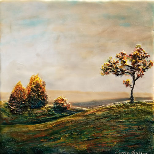 Prints available, original ***SOLD*** Carrie Goller - Autumn Sunset - Encaustic 9x9