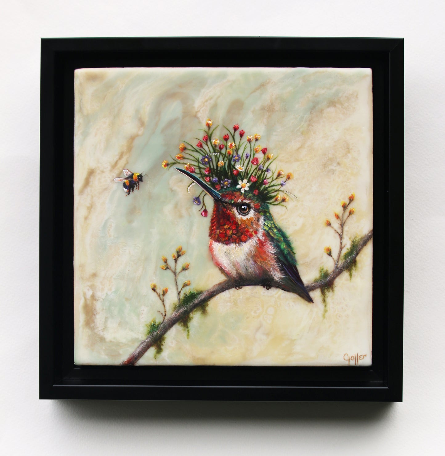 CARRIE GOLLER - Avis, Floriferous collection (hummingbird), 8x8 Mixed Media - Oil/Encaustic (Copy)