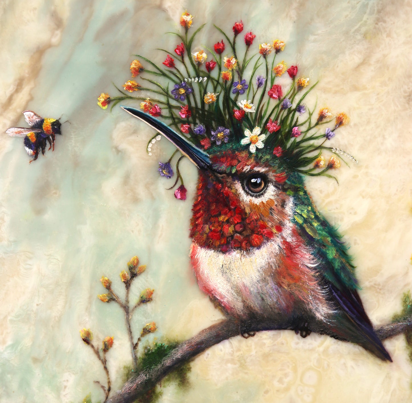 CARRIE GOLLER - Avis, Floriferous collection (hummingbird), 8x8 Mixed Media - Oil/Encaustic (Copy)
