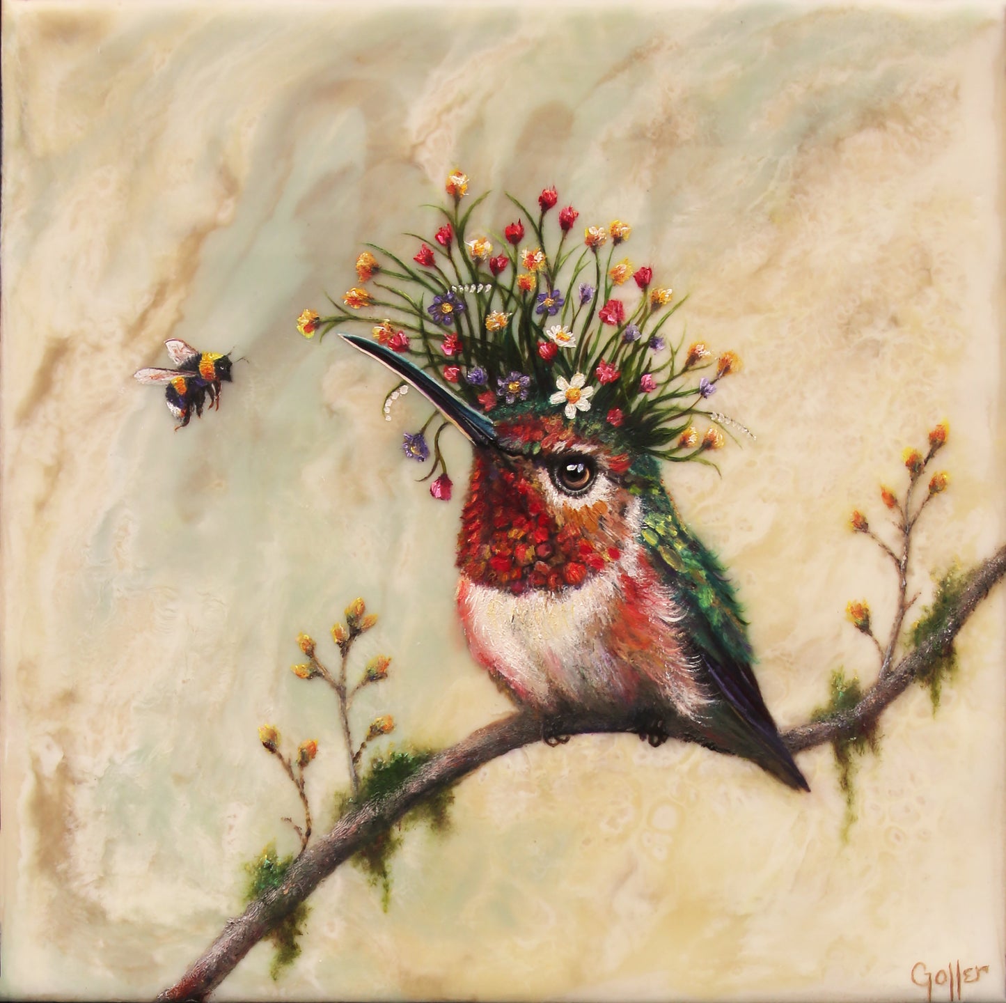 CARRIE GOLLER - Avis, Floriferous collection (hummingbird), 8x8 Mixed Media - Oil/Encaustic (Copy)