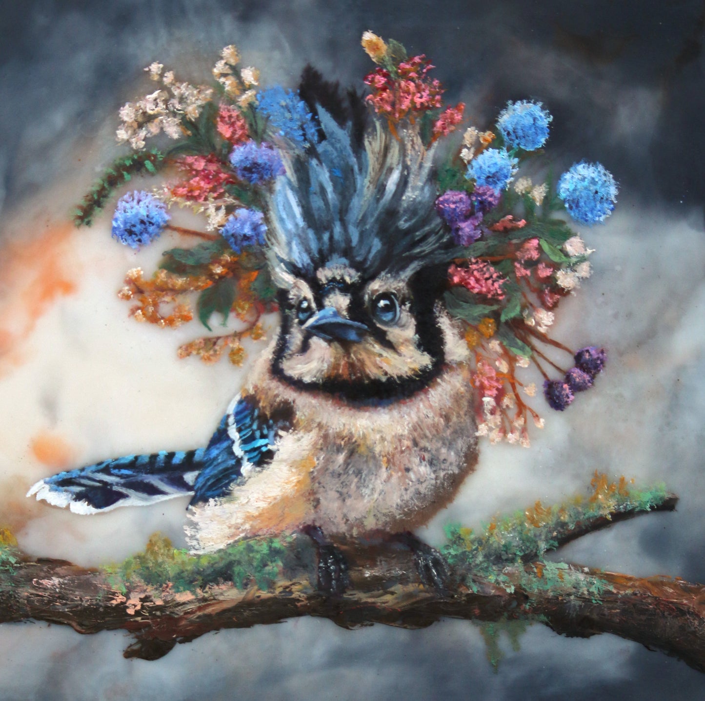 CARRIE GOLLER - Azurae, Floriferous Bluejay Bird, Mixed Media – Oil/Encaustic 8x8 ***At Jones and; Terwilliger Galleries, Palm Desert, CA please inquire at (760) 674-8989***