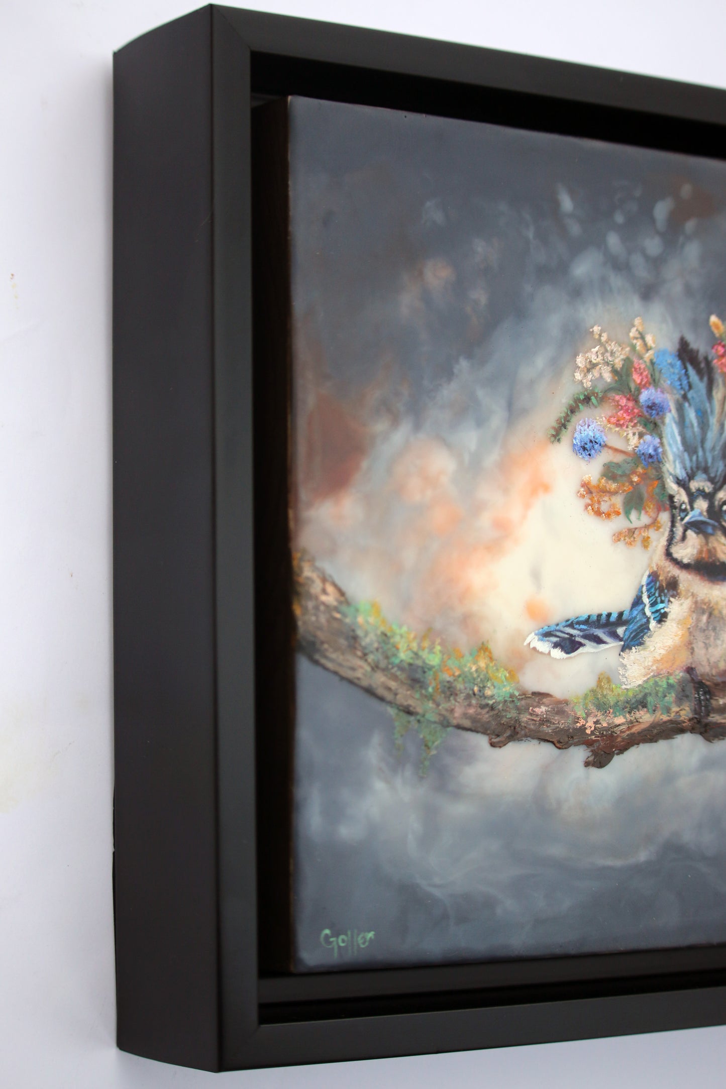 CARRIE GOLLER - Azurae, Floriferous Bluejay Bird, Mixed Media – Oil/Encaustic 8x8 ***At Jones and; Terwilliger Galleries, Palm Desert, CA please inquire at (760) 674-8989***