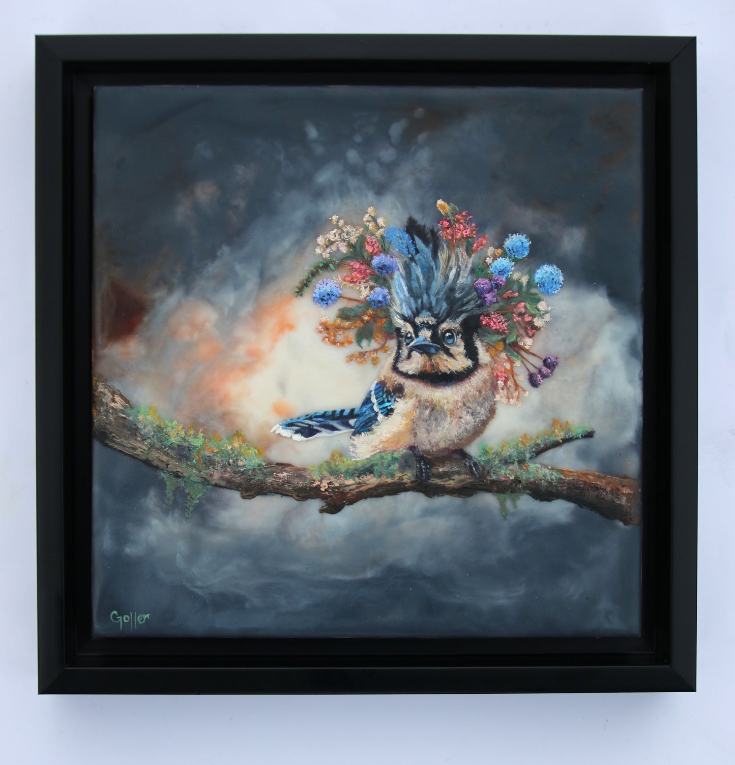 CARRIE GOLLER - Azurae, Floriferous Bluejay Bird, Mixed Media – Oil/Encaustic 8x8 ***At Jones and; Terwilliger Galleries, Palm Desert, CA please inquire at (760) 674-8989***