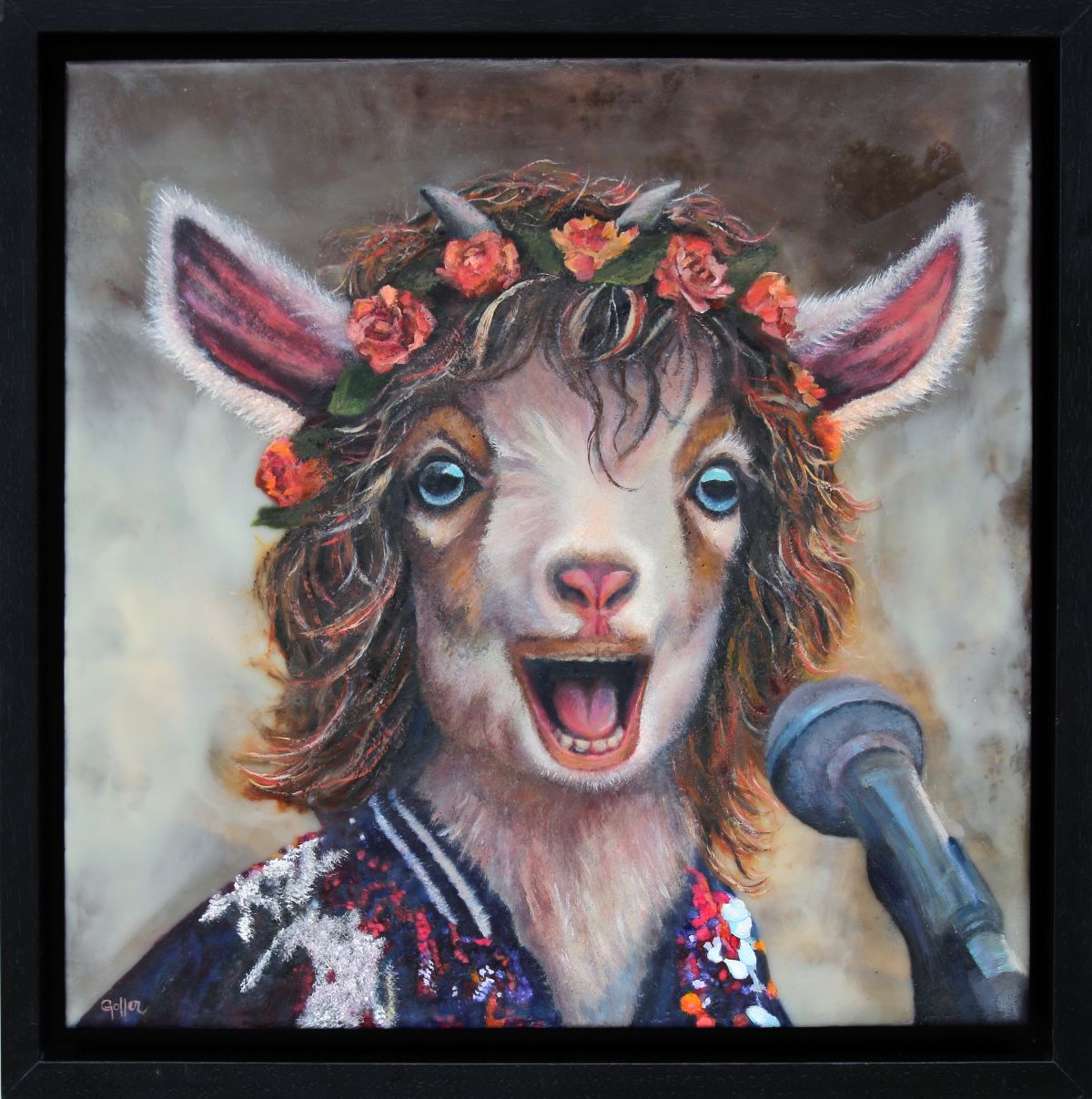 CARRIE GOLLER -   Baaad Boy Mick, Mixed Media Oil/Encaustic Floriferous Icon (Mick Jagger) Goat***At Rehs Contemporary Galleries, NYC, please inquire at (212) 355-5710***