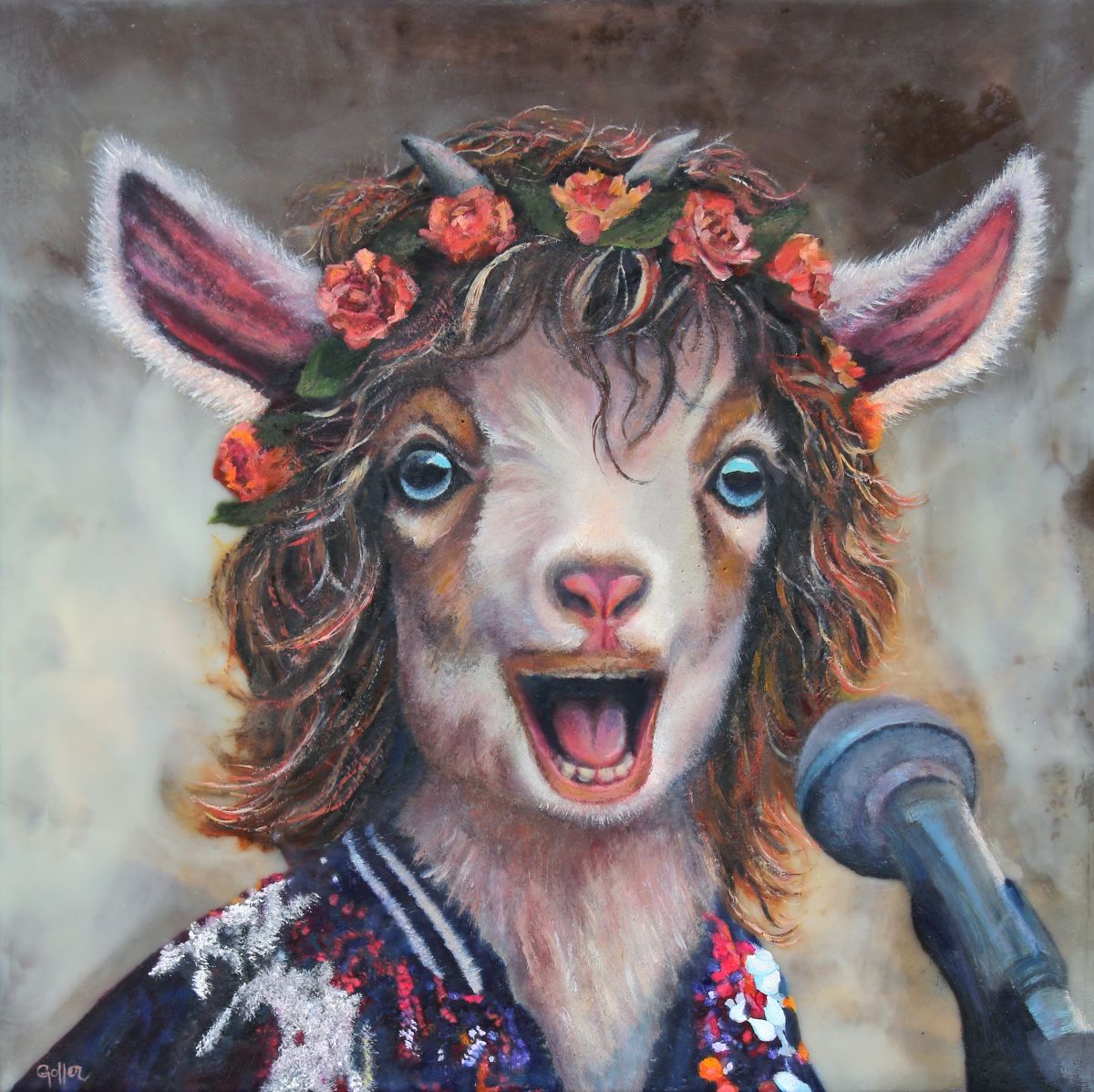 CARRIE GOLLER -   Baaad Boy Mick, Mixed Media Oil/Encaustic Floriferous Icon (Mick Jagger) Goat***At Rehs Contemporary Galleries, NYC, please inquire at (212) 355-5710***