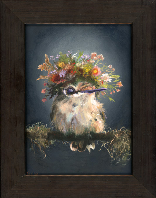 Prints available, original ***SOLD*** CARRIE GOLLER - Babette (Floriferous Collection Hummingbird) Oil on linen panel 7x5 (framed) ***At Rehs Contemporary Galleries, NYC, please inquire at (212) 355-5710***