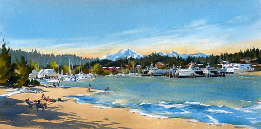 Ina Xi - Beach Day at Pritchard Park, Original Watercolor, mounted on birch cradle board 20"x10" framed