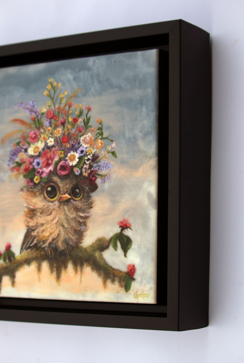 CARRIE GOLLER -  Beardsley - Floriferous Collection Wowl, Mixed media oil/encaustic 8x8 (Bird)  ***At Rehs Contemporary Galleries, NYC, please inquire at (212) 355-5710***