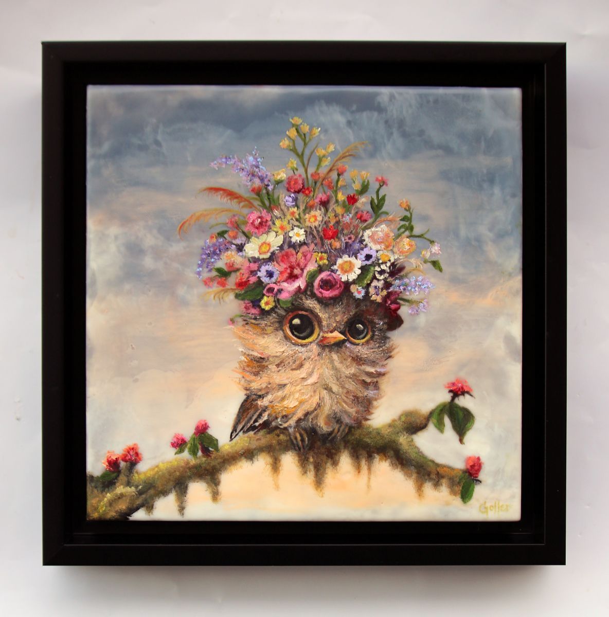 CARRIE GOLLER -  Beardsley - Floriferous Collection Wowl, Mixed media oil/encaustic 8x8 (Bird)  ***At Rehs Contemporary Galleries, NYC, please inquire at (212) 355-5710***