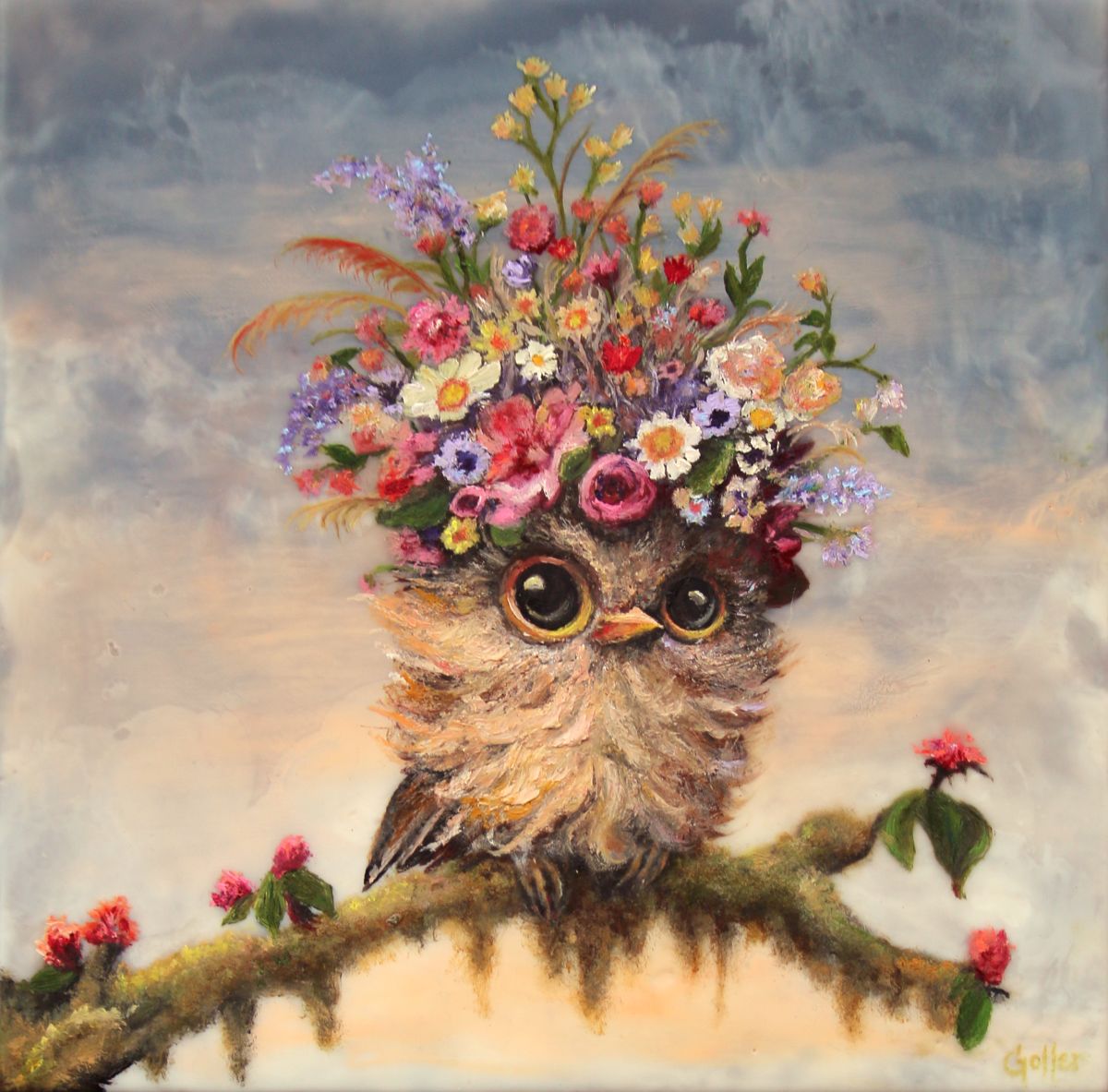 CARRIE GOLLER -  Beardsley - Floriferous Collection Wowl, Mixed media oil/encaustic 8x8 (Bird)  ***At Rehs Contemporary Galleries, NYC, please inquire at (212) 355-5710***