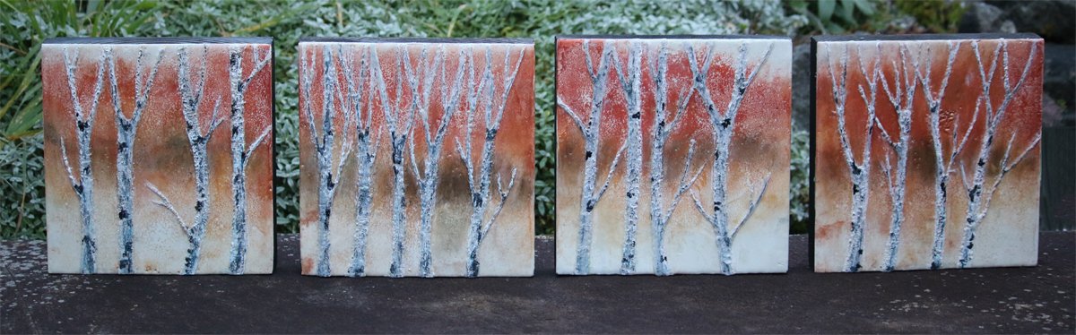 Carrie Goller - Birch Autumn I, II, III and IV  - Quadriptych, Encaustic/Mixed Media 18x18 or 9x36 (9x9 each)