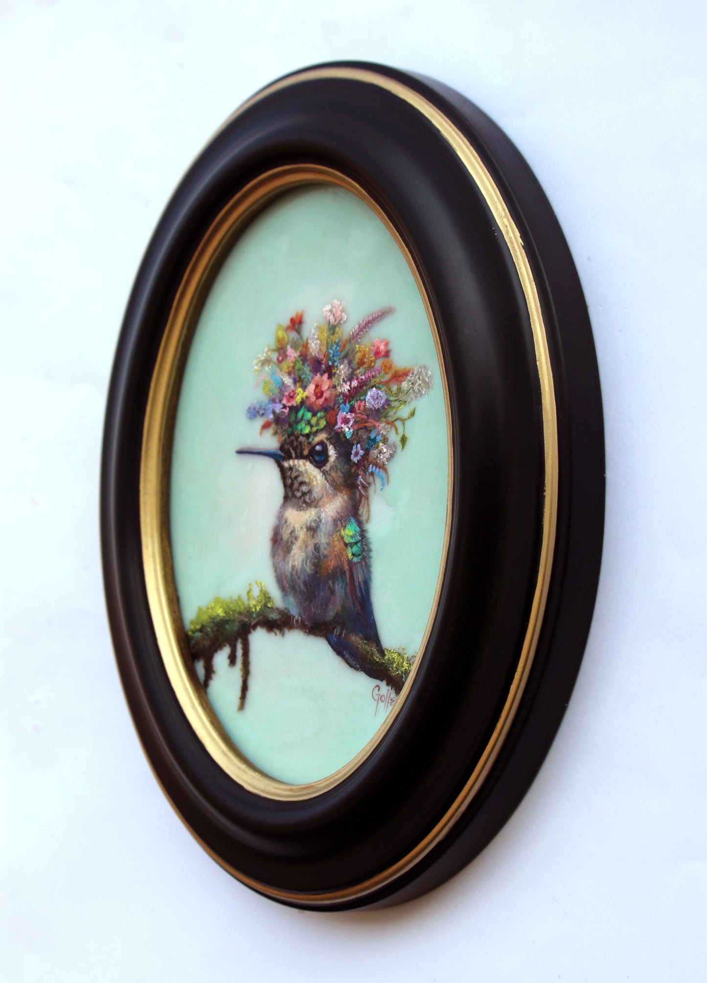 CARRIE GOLLER - Blanche (Floriferous Hummingbird Portrait), Mixed Media Oil/Encaustic 7x5 ***At Rehs Contemporary Galleries, NYC, please inquire at (212) 355-5710***