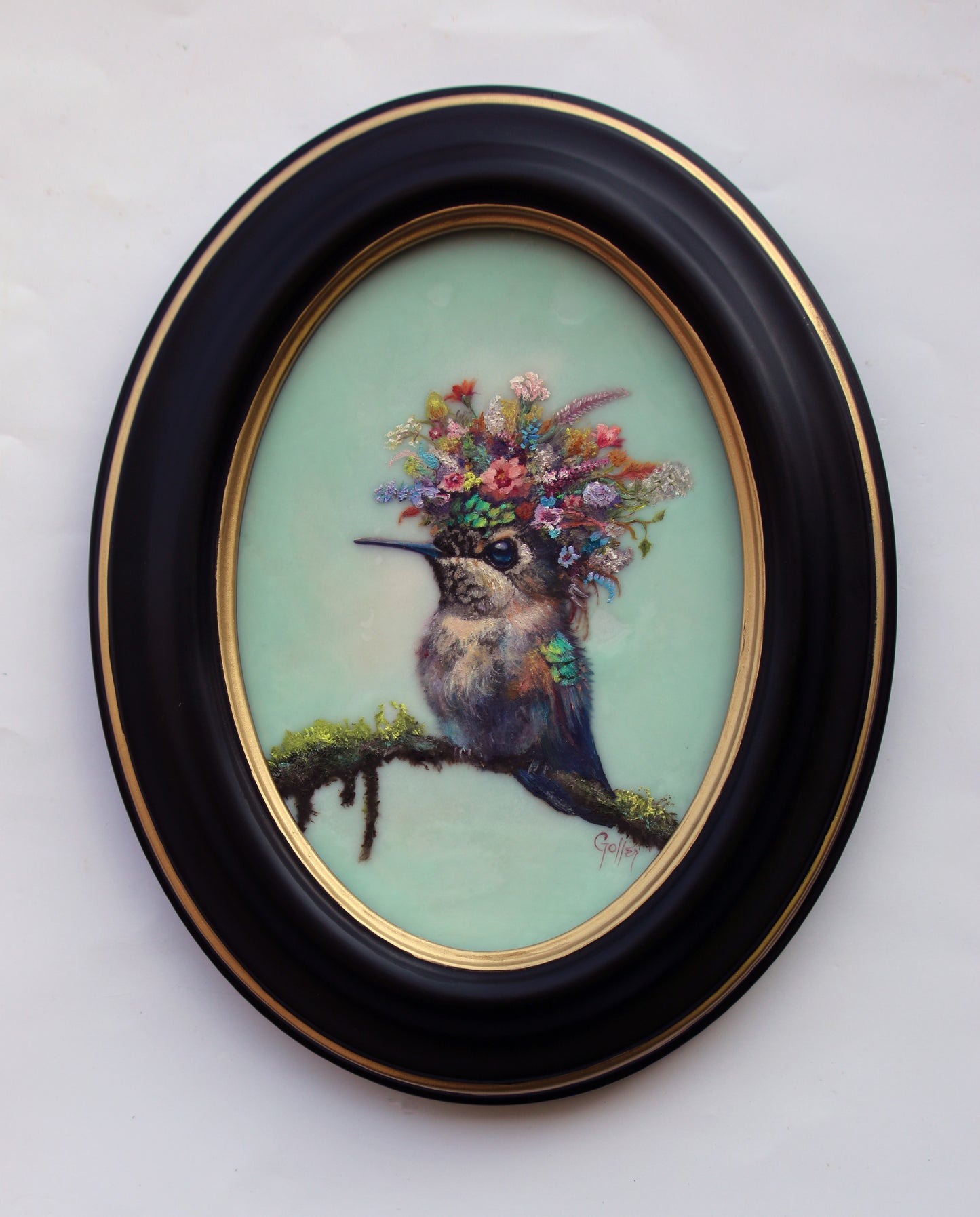 CARRIE GOLLER - Blanche (Floriferous Hummingbird Portrait), Mixed Media Oil/Encaustic 7x5 ***At Rehs Contemporary Galleries, NYC, please inquire at (212) 355-5710***