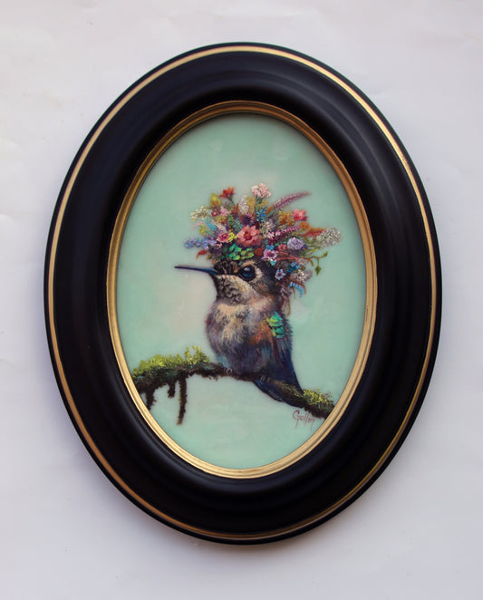 CARRIE GOLLER - Blanche (Floriferous Hummingbird Portrait), Mixed Media Oil/Encaustic 7x5 ***At Rehs Contemporary Galleries, NYC, please inquire at (212) 355-5710***