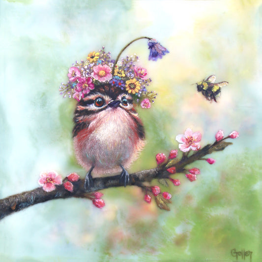CARRIE GOLLER - BlueBelle, Floriferous Hummingbird, Mixed Media Oil-Encaustic 8" x 8" ***At Jones & Terwilliger Galleries, Carmel, CA please inquire at (831) 626-9100***