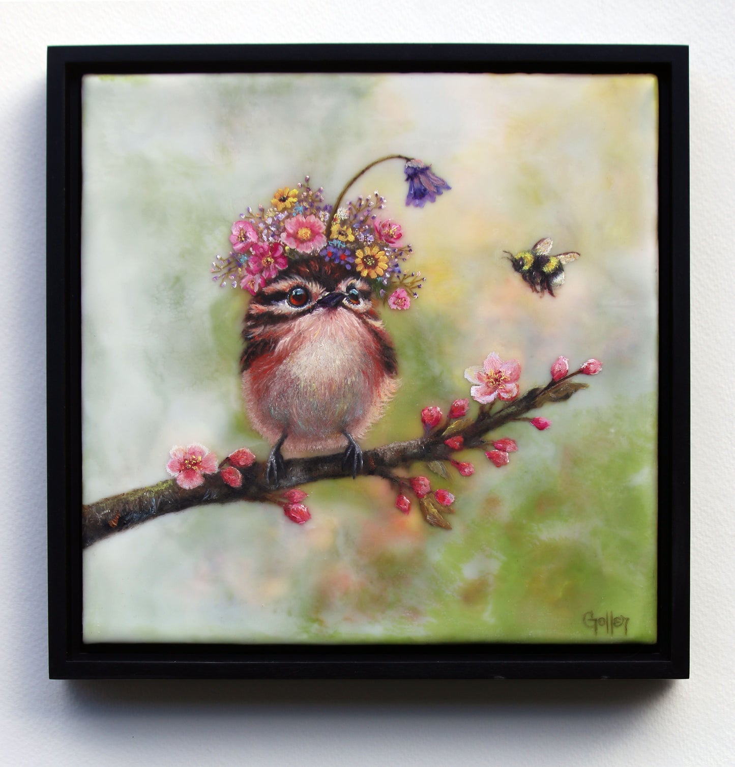 Prints available, original ***SOLD*** CARRIE GOLLER - BlueBelle, Floriferous Hummingbird, Mixed Media Oil-Encaustic 8" x 8" ***At Jones & Terwilliger Galleries, Carmel, CA please inquire at (831) 626-9100***