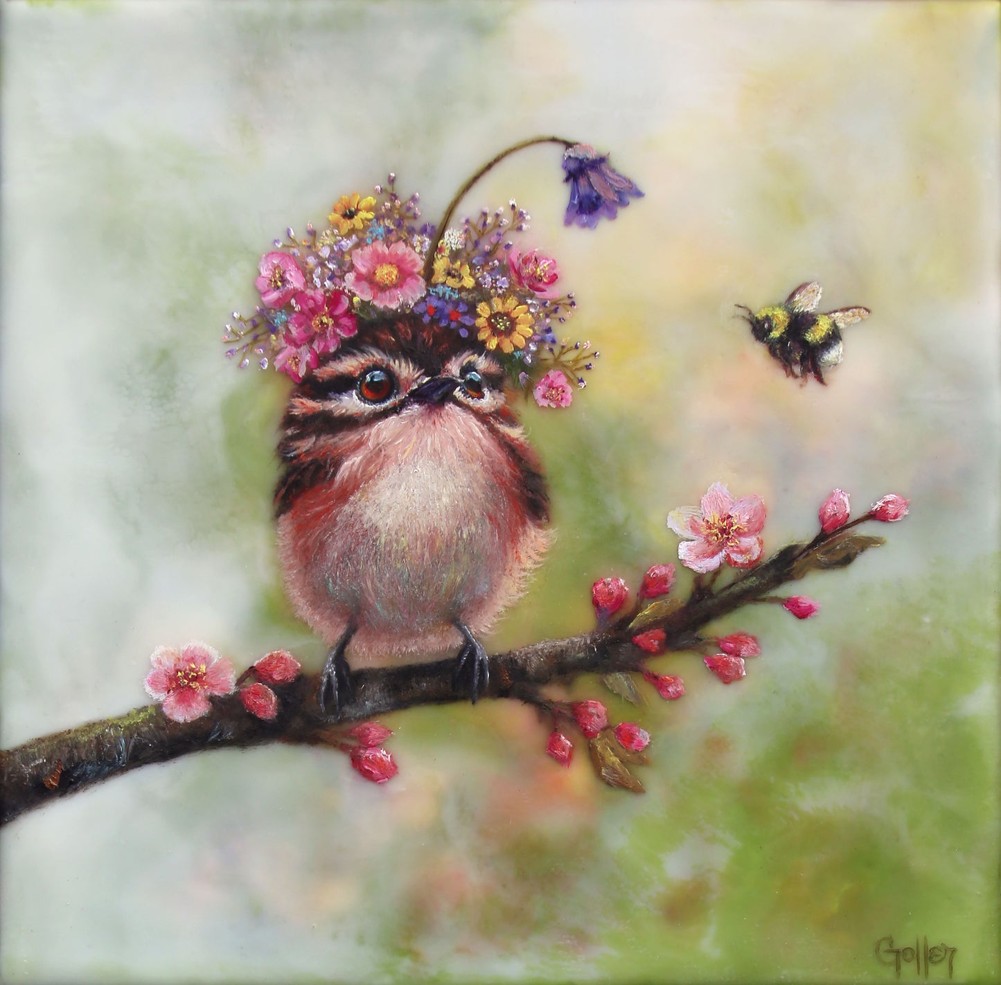 Prints available, original ***SOLD*** CARRIE GOLLER - BlueBelle, Floriferous Hummingbird, Mixed Media Oil-Encaustic 8" x 8" ***At Jones & Terwilliger Galleries, Carmel, CA please inquire at (831) 626-9100***