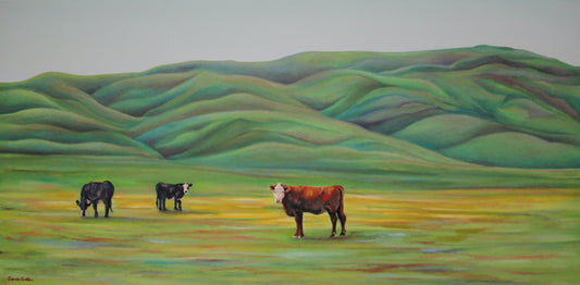 Prints available, original ***SOLD*** Carrie Goller - Bovinity, oil 24x48