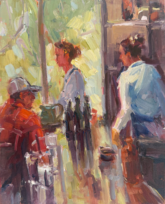 JEANNE EDWARDS - Break at the Grill, oil on panel, 8x10 (framed)