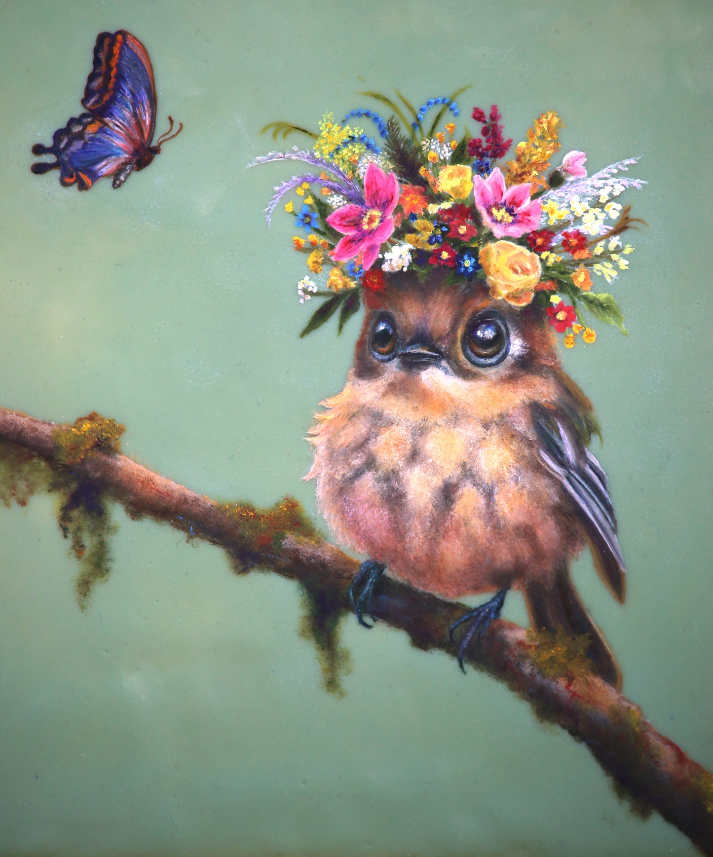 CARRIE GOLLER -  Bridget, Floriferous Collection, Mixed media oil/encaustic 8x8 (Bird)***At Jones & Terwilliger Galleries, Carmel, CA please inquire at (831) 626-9100***