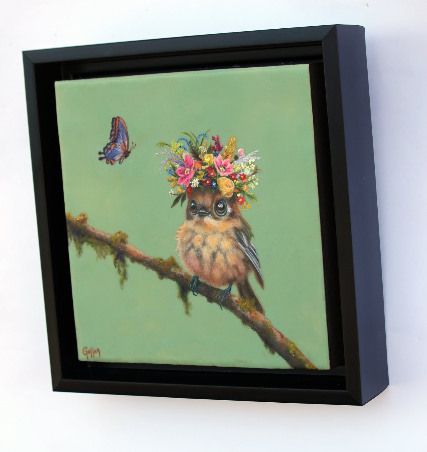 CARRIE GOLLER -  Bridget, Floriferous Collection, Mixed media oil/encaustic 8x8 (Bird)***At Jones & Terwilliger Galleries, Carmel, CA please inquire at (831) 626-9100***