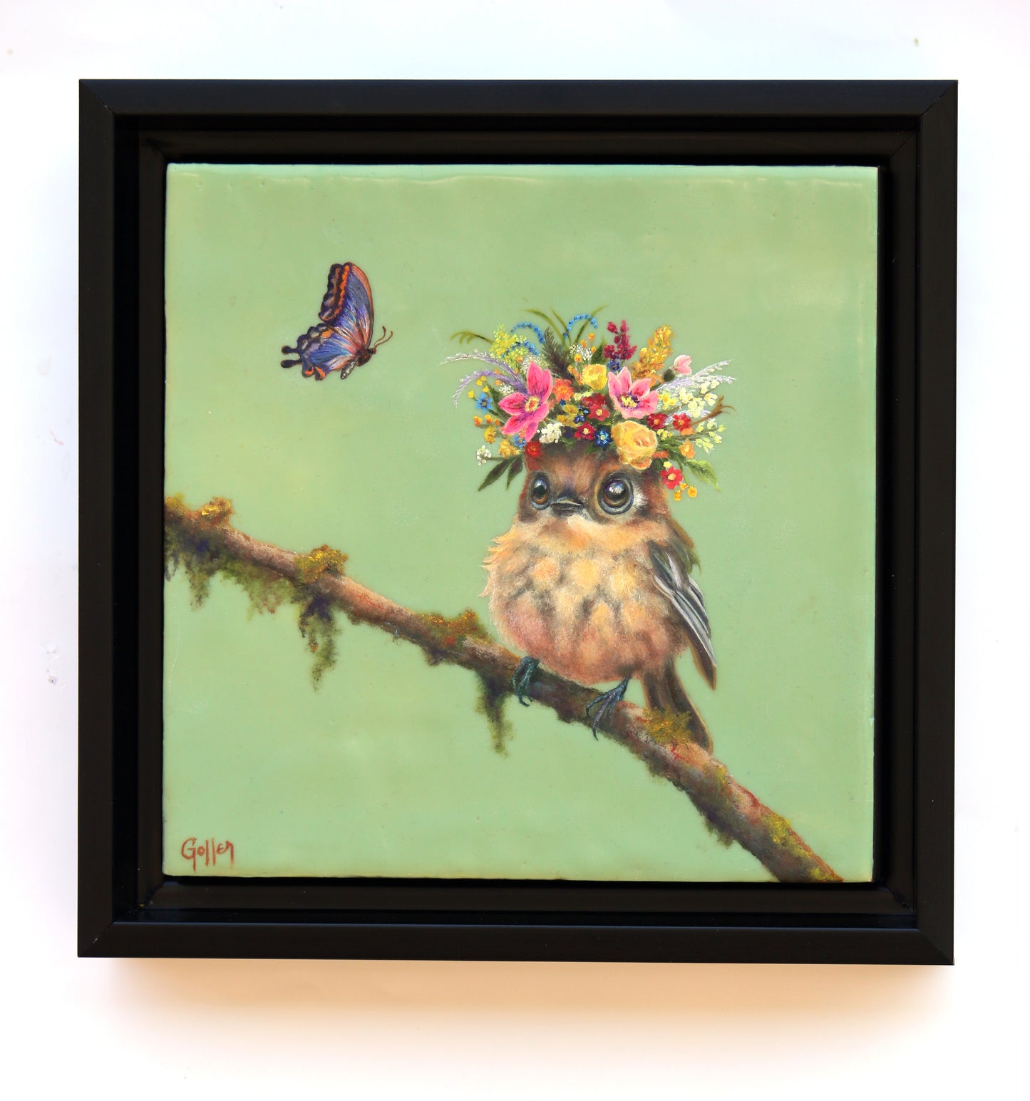 CARRIE GOLLER -  Bridget, Floriferous Collection, Mixed media oil/encaustic 8x8 (Bird)***At Jones & Terwilliger Galleries, Carmel, CA please inquire at (831) 626-9100***