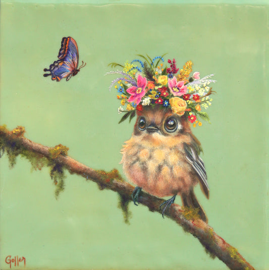 CARRIE GOLLER -  Bridget, Floriferous Collection, Mixed media oil/encaustic 8x8 (Bird)***At Jones & Terwilliger Galleries, Carmel, CA please inquire at (831) 626-9100***