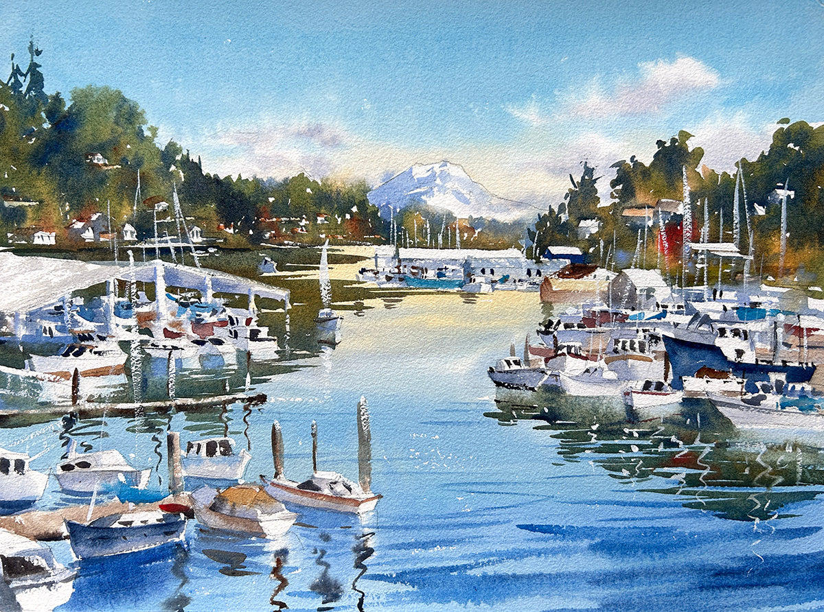 Ina Xi - Gig Harbor Panorama No.2, original watercolor, 19x15 (framed)