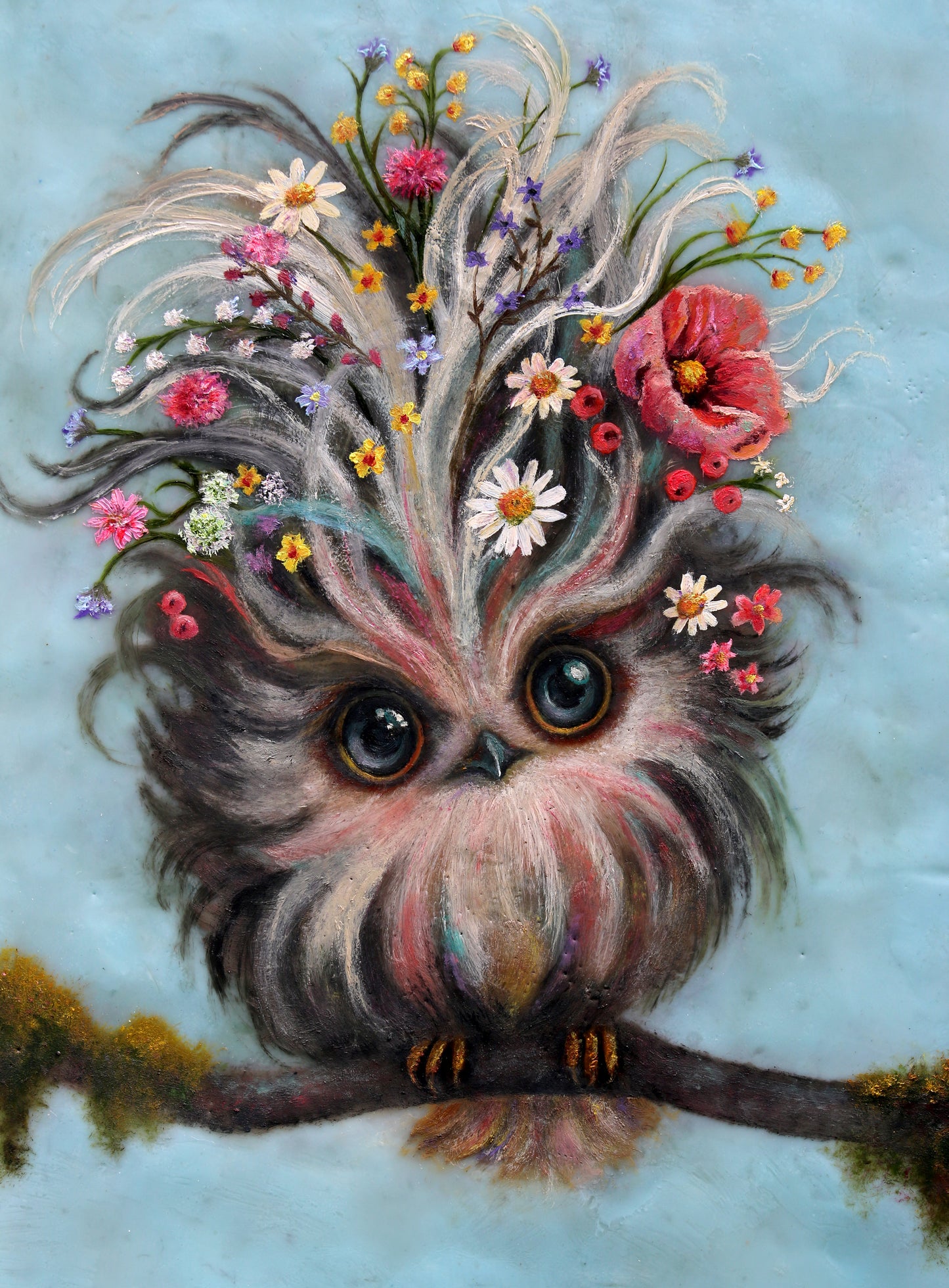 CARRIE GOLLER - Bruna, Floriferous Wowl, Mixed Media - Oil/Encaustic 14"x11"