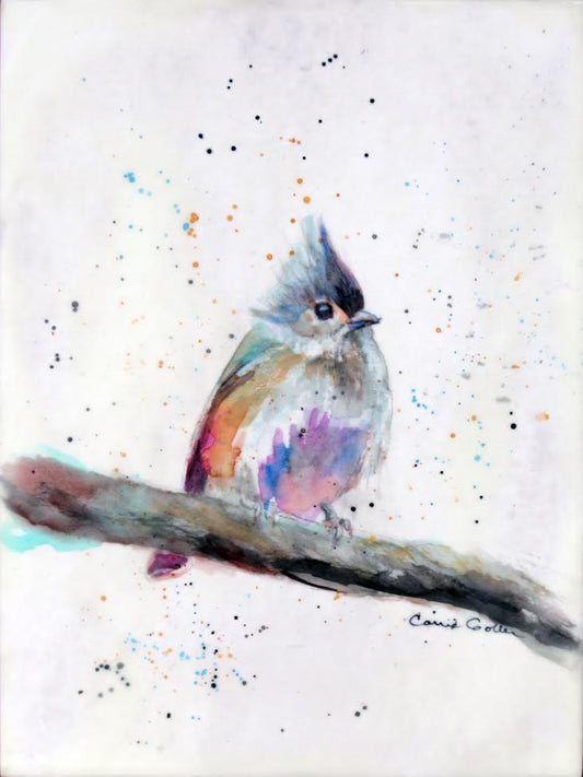 Prints available, original ***SOLD*** Byron (Tufted Titmouse) - original Encaustic/Watercolor original on panel - 12x9