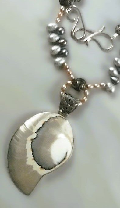 ***SOLD*** N208 Debra Saldivar - Necklace Freshwater Pearls, Bali Silver, Shell, Sterling Silver