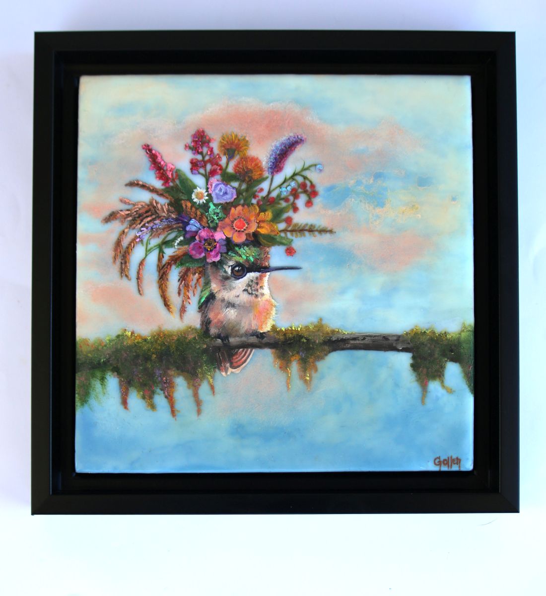 CARRIE GOLLER - Calypso, Floriferous collection (hummingbird), Mixed Media – Oil/Encaustic 8x8***At Jones &amp; Terwilliger Galleries, Palm Desert, CA please inquire at (760) 674-8989***