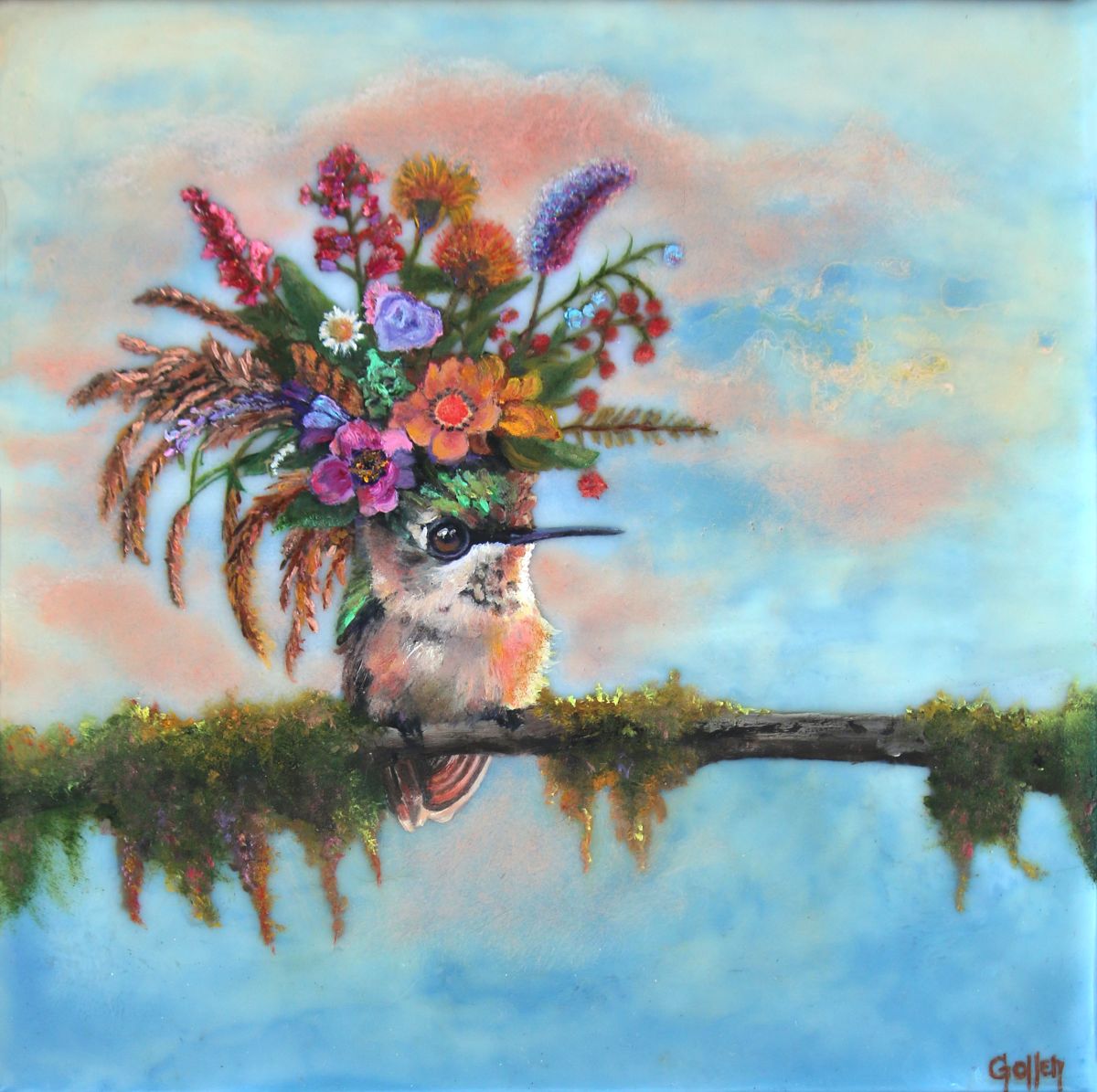 CARRIE GOLLER - Calypso, Floriferous collection (hummingbird), Mixed Media – Oil/Encaustic 8x8***At Jones &amp; Terwilliger Galleries, Palm Desert, CA please inquire at (760) 674-8989***