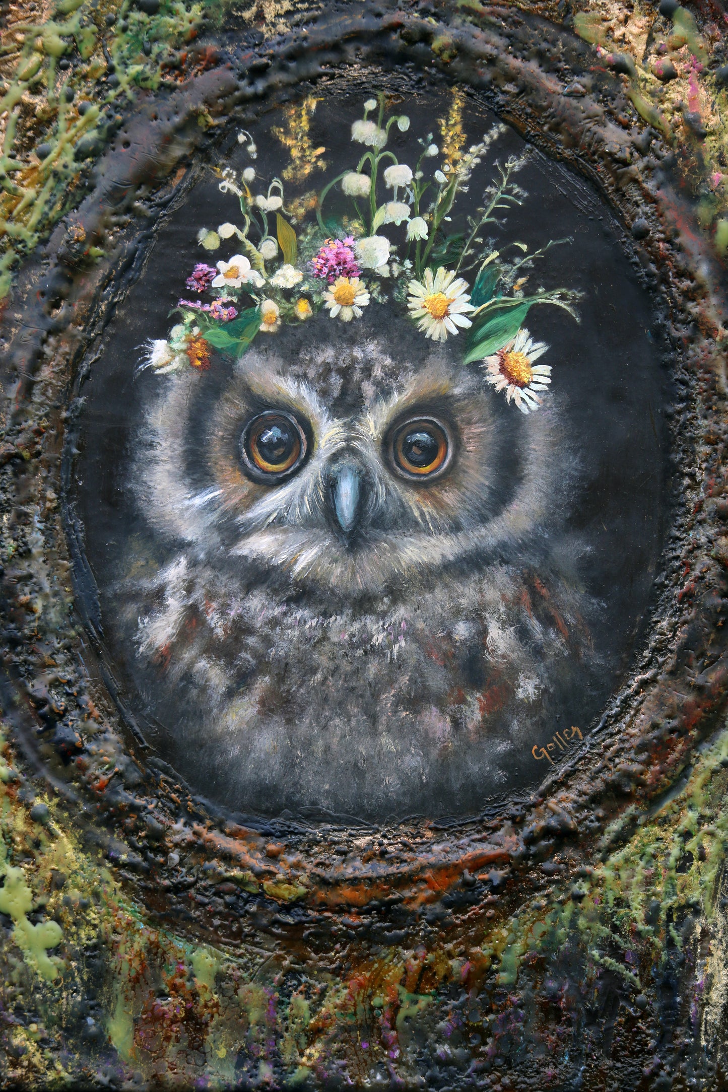 Prints available, original ***SOLD*** CARRIE GOLLER - Orion (Floriferous Owl), mixed media – oil/encaustic, 11" x 14" ***At Abend Gallery, Denver, CO please inquire at (303) 355-0950***
