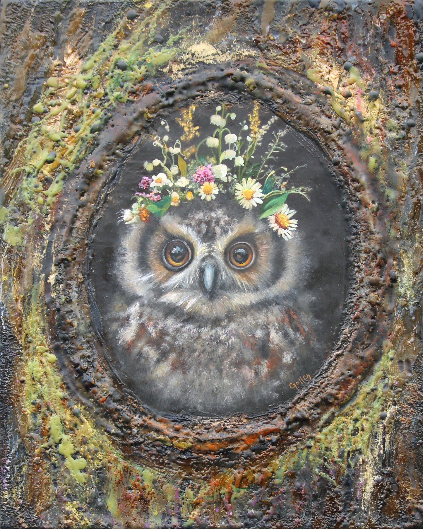 Prints available, original ***SOLD*** CARRIE GOLLER - Orion (Floriferous Owl), mixed media – oil/encaustic, 11" x 14" ***At Abend Gallery, Denver, CO please inquire at (303) 355-0950***