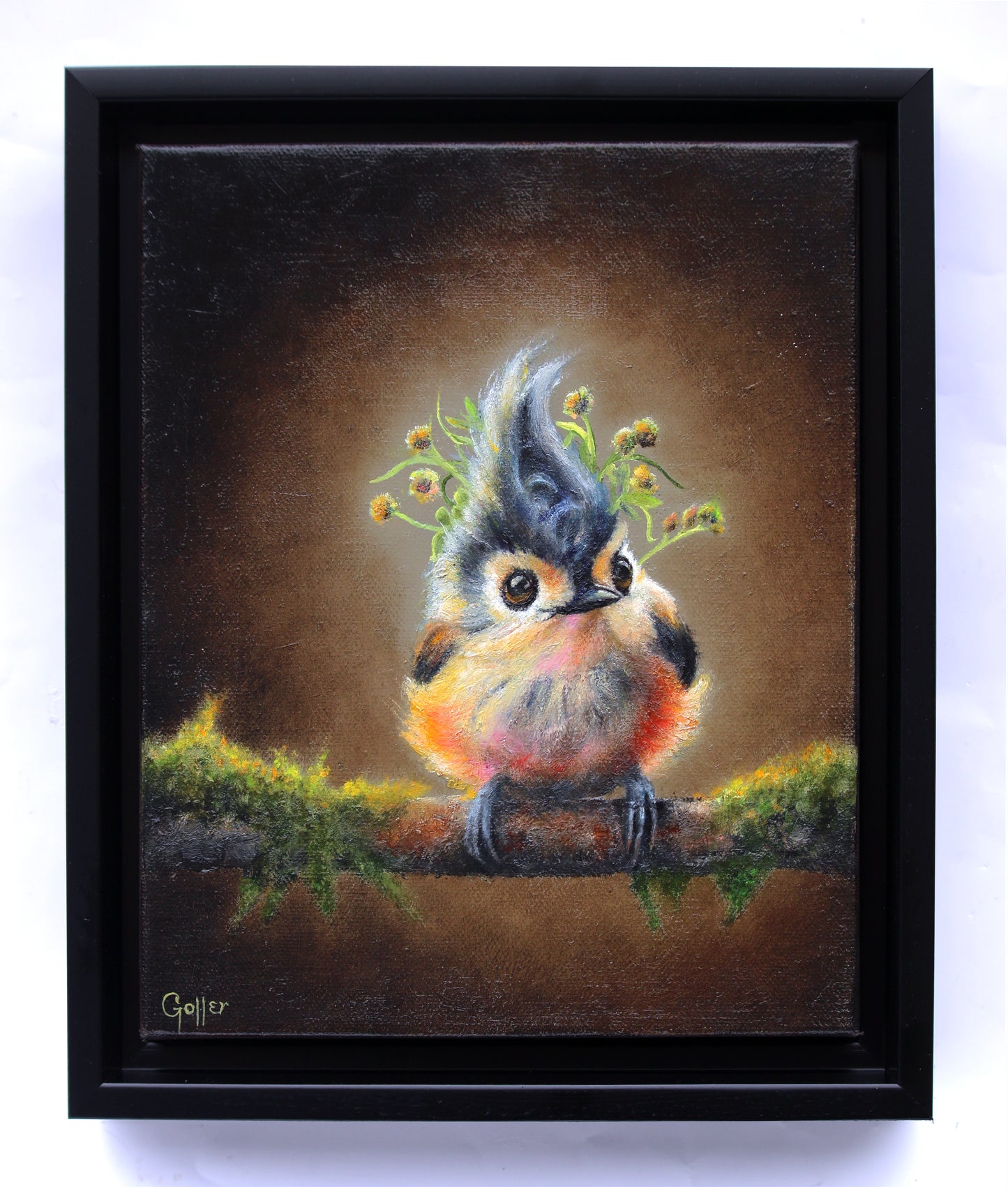 CARRIE GOLLER - Pippin (Floriferous Tufted Titmouse) – oil 8"x 10"  ***At Abend Gallery, Denver, CO please inquire at (303) 355-0950*** AT "ANIMALIA VI"