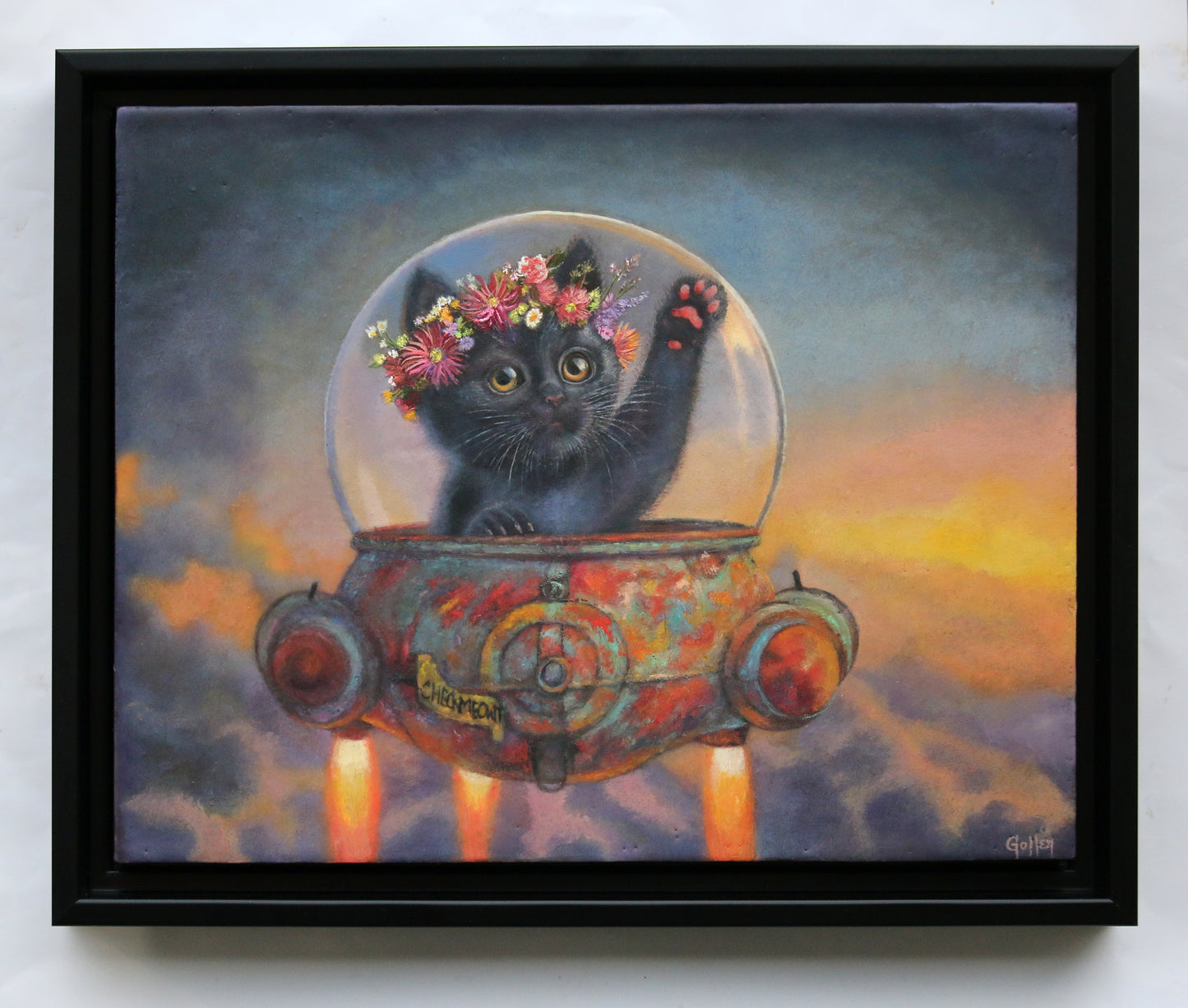 CARRIE GOLLER - Check Meowtt!! Floriferous Cat, Mixed Media - Oil/Encaustic, 11"x14" ******At Rehs Contemporary Galleries, NYC, please inquire at (212) 355-5710***