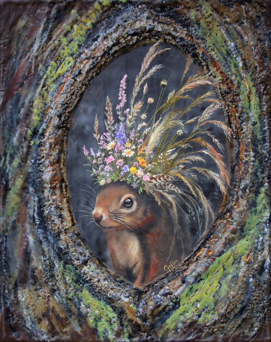 CARRIE GOLLER - Chief (Floriferous Squirrel), Mixed Media - oil/encaustic 11"x14" ***At Rehs Contemporary Galleries, NYC, please inquire at (212) 355-5710***