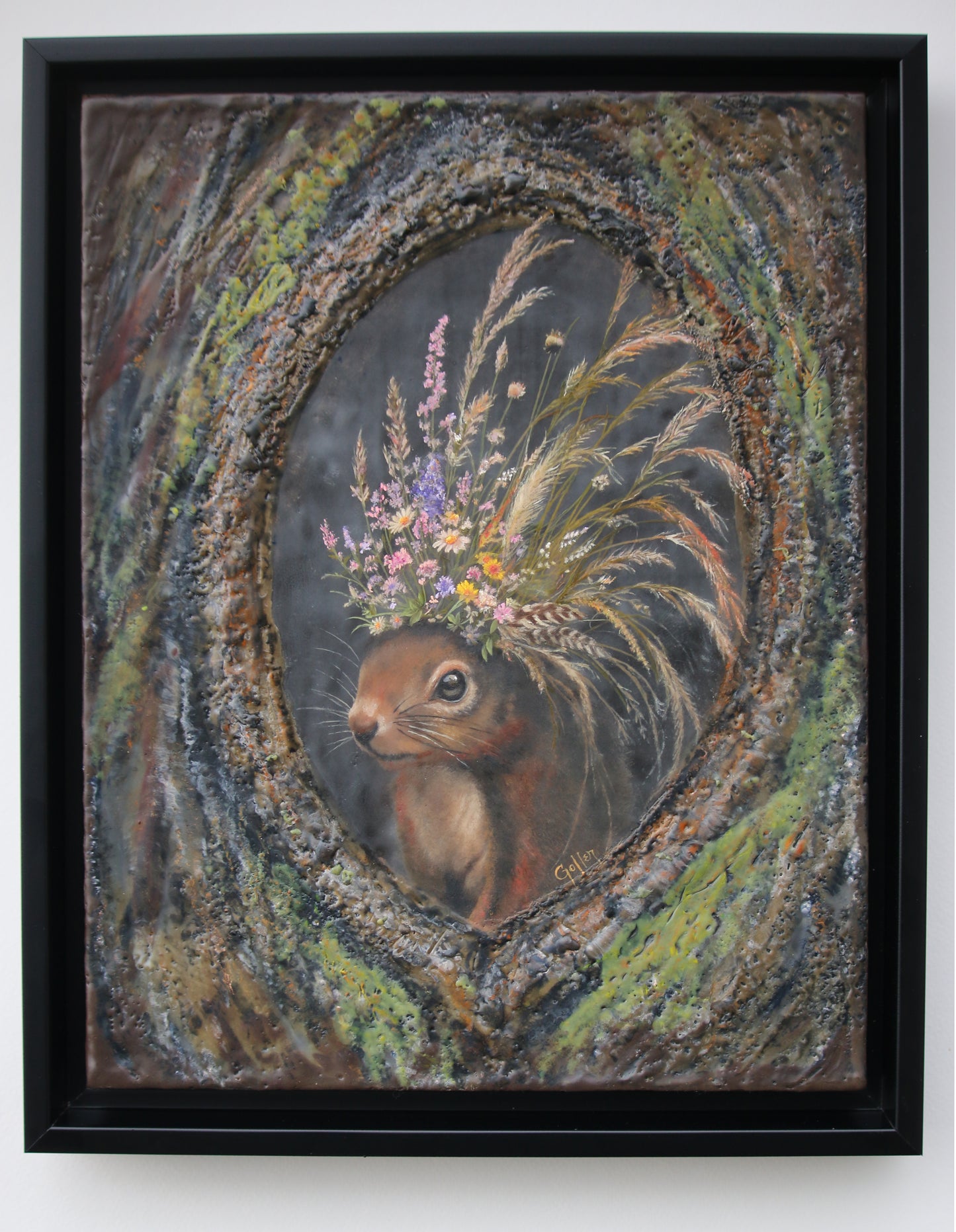 CARRIE GOLLER - Chief (Floriferous Squirrel), Mixed Media - oil/encaustic 11"x14" ***At Rehs Contemporary Galleries, NYC, please inquire at (212) 355-5710***