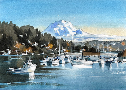 Prints Available, Original***SOLD***Ina Xi - Clear Morning in Gig Harbor, Original Watercolor, 17x13 (framed)